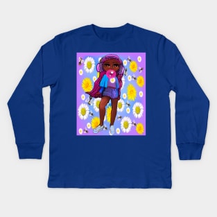 Beautiful Brown skin African American girl with Afro hair in 4 puffs blowing bubblegum and wearing headphones listening to music. Black girls rock, black girl magic,melanin poppin queen anime girl drawn in manga style Kids Long Sleeve T-Shirt